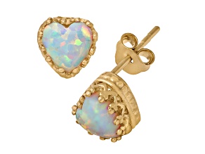 White Lab Created Opal 14K Yellow Gold Over Sterling Silver Heart Earrings 1.00ctw