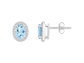 7x5mm Oval Simulated Aquamarine And Created White Sapphire 10k White Gold Halo Stud Earrings