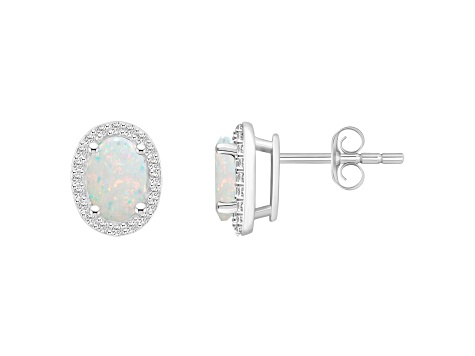 7x5mm Oval Created Opal And Created White Sapphire 10k White Gold Halo Stud Earrings