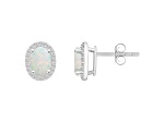 7x5mm Oval Created Opal And Created White Sapphire 10k White Gold Halo Stud Earrings