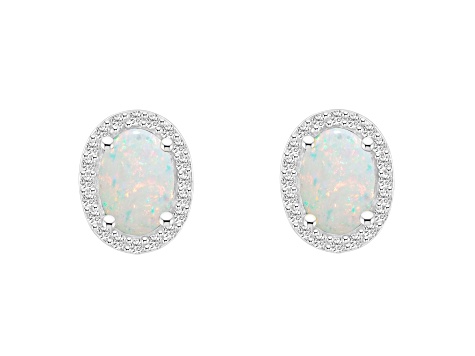 7x5mm Oval Created Opal And Created White Sapphire 10k White Gold Halo Stud Earrings