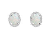 7x5mm Oval Created Opal And Created White Sapphire 10k White Gold Halo Stud Earrings