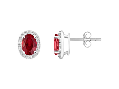 7x5mm Oval Created Ruby And Created White Sapphire 10k White Gold Halo Stud Earrings