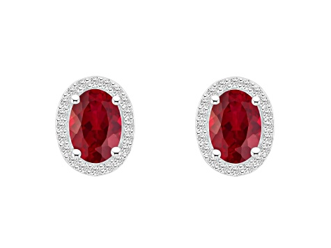 7x5mm Oval Created Ruby And Created White Sapphire 10k White Gold Halo Stud Earrings