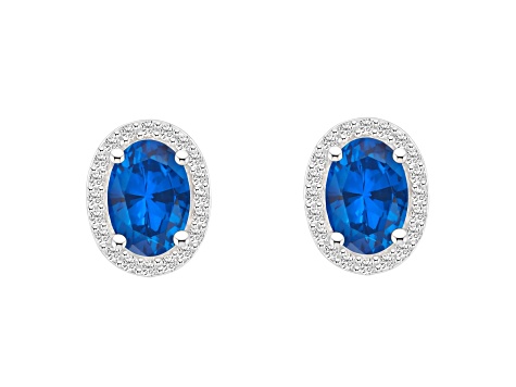 7x5mm Oval Created Sapphire And Created White Sapphire 10k White Gold Halo Stud Earrings