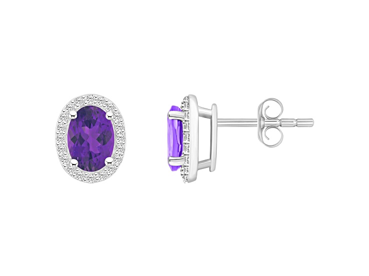 7x5mm Oval Amethyst And Created White Sapphire 10k White Gold Halo Stud Earrings