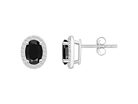7x5mm Oval Black Onyx And Created White Sapphire 10k White Gold Halo Stud Earrings