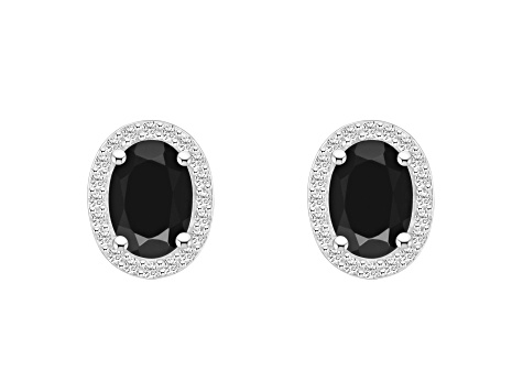 7x5mm Oval Black Onyx And Created White Sapphire 10k White Gold Halo Stud Earrings