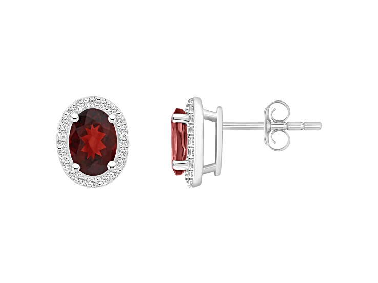 7x5mm Oval Garnet And Created White Sapphire 10k White Gold Halo Stud Earrings