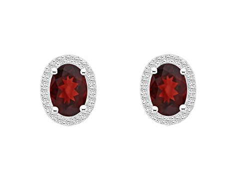 7x5mm Oval Garnet And Created White Sapphire 10k White Gold Halo Stud Earrings