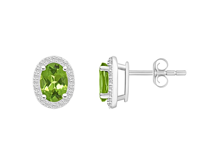 7x5mm Oval Peridot And Created White Sapphire 10k White Gold Halo Stud Earrings