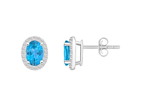 7x5mm Oval Blue Topaz And Created White Sapphire 10k White Gold Halo Stud Earrings