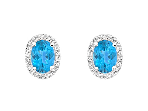 7x5mm Oval Blue Topaz And Created White Sapphire 10k White Gold Halo Stud Earrings