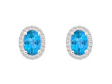7x5mm Oval Blue Topaz And Created White Sapphire 10k White Gold Halo Stud Earrings