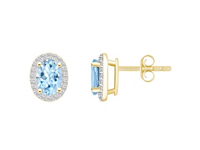 7x5mm Oval Simulated Aquamarine And Created White Sapphire 10k Yellow Gold Halo Stud Earrings