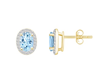 Picture of 7x5mm Oval Simulated Aquamarine And Created White Sapphire 10k Yellow Gold Halo Stud Earrings