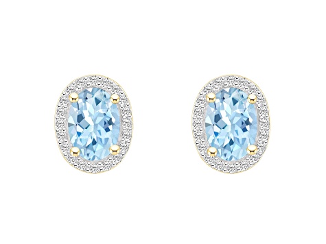 7x5mm Oval Simulated Aquamarine And Created White Sapphire 10k Yellow Gold Halo Stud Earrings