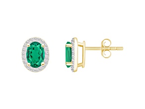 7x5mm Oval Created Emerald And Created White Sapphire 10k Yellow Gold Halo Stud Earrings