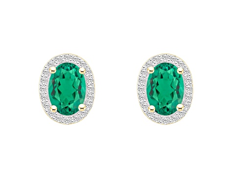 7x5mm Oval Created Emerald And Created White Sapphire 10k Yellow Gold Halo Stud Earrings
