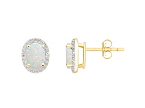7x5mm Oval Created Opal And Created White Sapphire 10k Yellow Gold Halo Stud Earrings