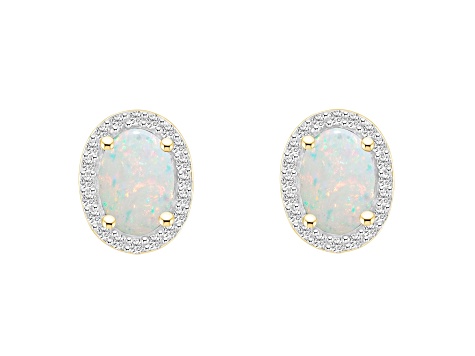 7x5mm Oval Created Opal And Created White Sapphire 10k Yellow Gold Halo Stud Earrings