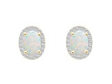 7x5mm Oval Created Opal And Created White Sapphire 10k Yellow Gold Halo Stud Earrings