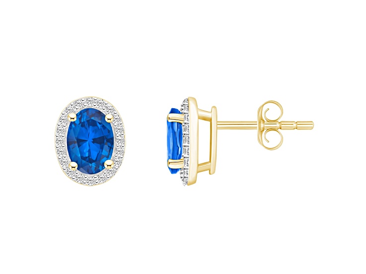 7x5mm Oval Created Sapphire And Created White Sapphire 10k Yellow Gold Halo Stud Earrings