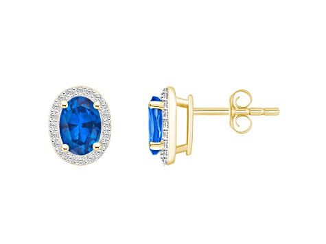 7x5mm Oval Created Sapphire And Created White Sapphire 10k Yellow Gold Halo Stud Earrings