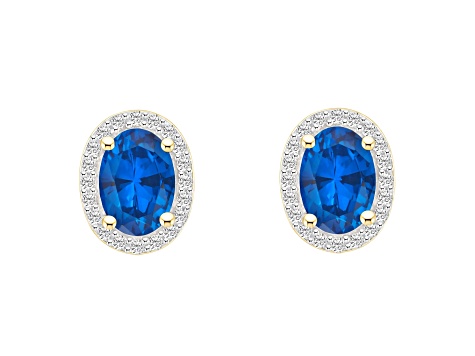 7x5mm Oval Created Sapphire And Created White Sapphire 10k Yellow Gold Halo Stud Earrings