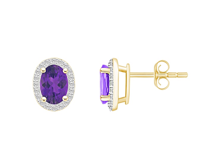 7x5mm Oval Amethyst And Created White Sapphire 10k Yellow Gold Halo Stud Earrings