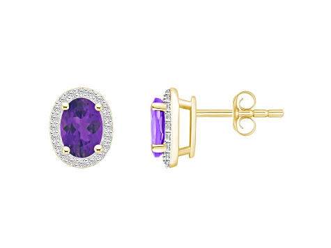 7x5mm Oval Amethyst And Created White Sapphire 10k Yellow Gold Halo Stud Earrings