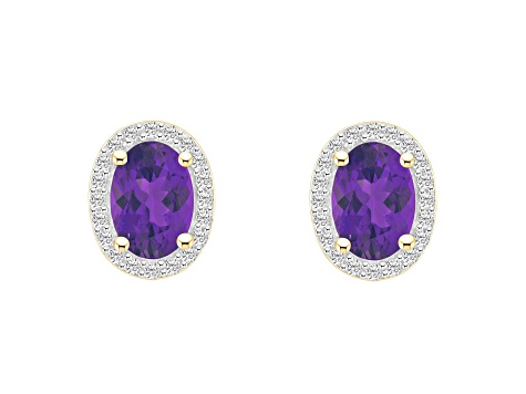 7x5mm Oval Amethyst And Created White Sapphire 10k Yellow Gold Halo Stud Earrings