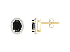7x5mm Oval Black Onyx And Created White Sapphire 10k Yellow Gold Halo Stud Earrings