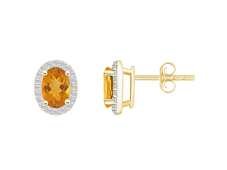 7x5mm Oval Citrine And Created White Sapphire 10k Yellow Gold Halo Stud Earrings