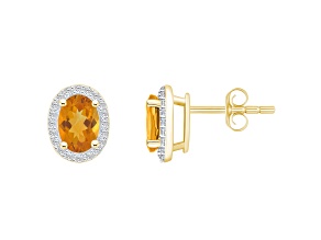 7x5mm Oval Citrine And Created White Sapphire 10k Yellow Gold Halo Stud Earrings
