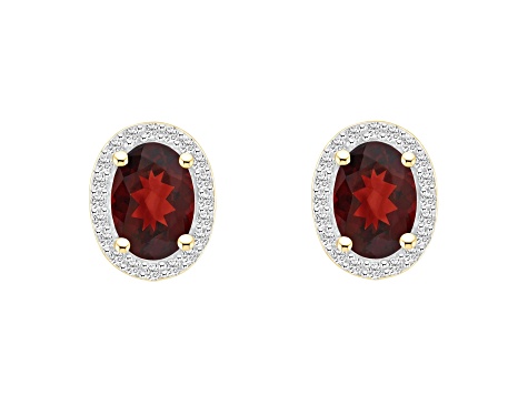 7x5mm Oval Garnet And Created White Sapphire 10k Yellow Gold Halo Stud Earrings