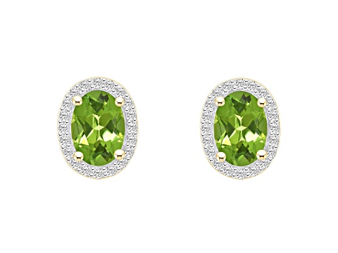 7x5mm Oval Peridot And Created White Sapphire 10k Yellow Gold Halo Stud Earrings
