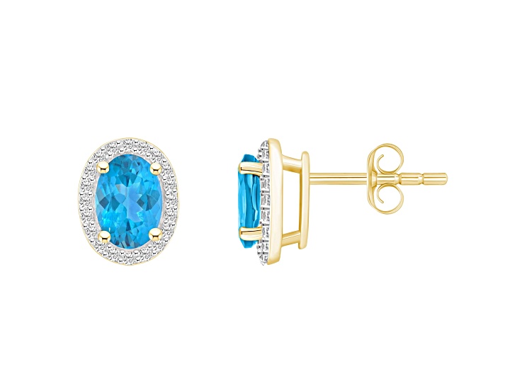 7x5mm Oval Blue Topaz And Created White Sapphire 10k Yellow Gold Halo Stud Earrings