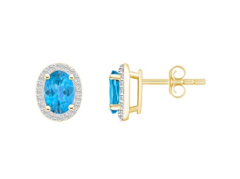 7x5mm Oval Blue Topaz And Created White Sapphire 10k Yellow Gold Halo Stud Earrings