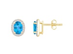 7x5mm Oval Blue Topaz And Created White Sapphire 10k Yellow Gold Halo Stud Earrings