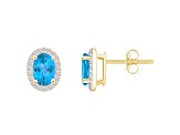 7x5mm Oval Blue Topaz And Created White Sapphire 10k Yellow Gold Halo Stud Earrings