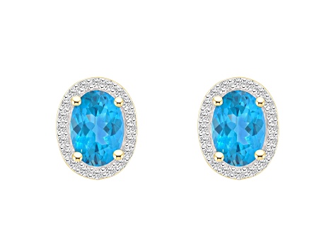 7x5mm Oval Blue Topaz And Created White Sapphire 10k Yellow Gold Halo Stud Earrings