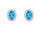 7x5mm Oval Blue Topaz And Created White Sapphire 10k Yellow Gold Halo Stud Earrings