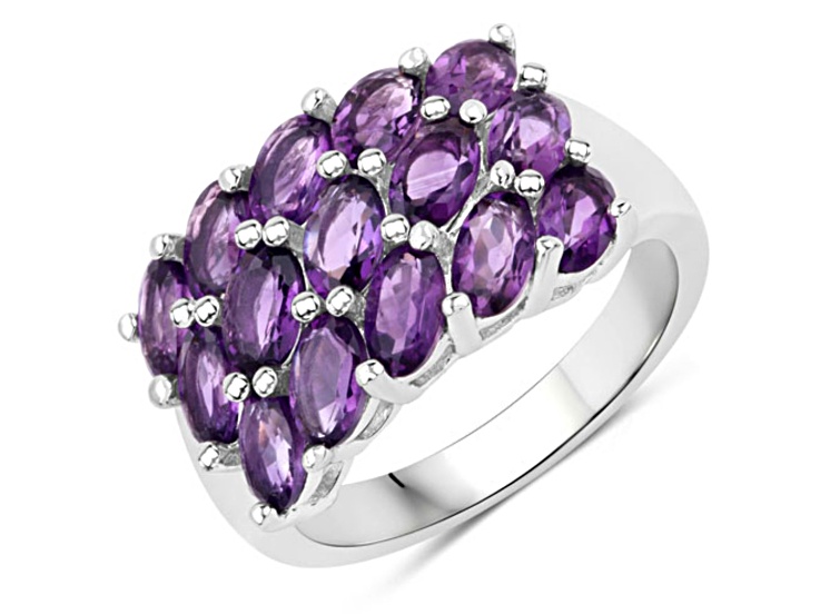 Oval Purple Amethyst Rhodium Over Sterling Silver Cluster Ring 2.7ctw