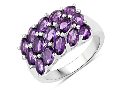 Oval Purple Amethyst Rhodium Over Sterling Silver Cluster Ring 2.7ctw