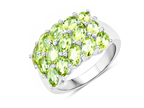 Oval Green Peridot Cluster Rhodium Over Sterling Silver Ring 3.45ctw