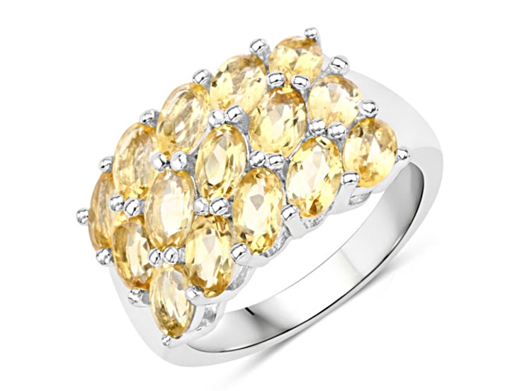 Oval Yellow Citrine Rhodium Over Sterling Silver Cluster Ring 3ctw