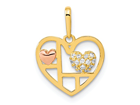 14K Two-tone Gold  Heart with Cubic Zirconia Pendant