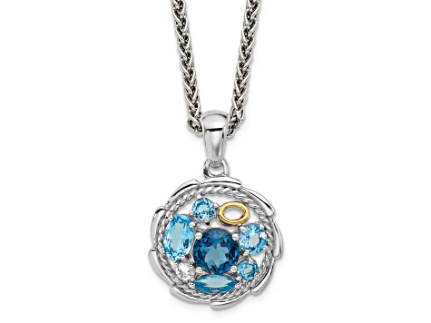 Rhodium Over Sterling Silver with 14K Accent Swiss Blue topaz/London Blue/White Topaz Necklace