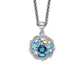 Rhodium Over Sterling Silver with 14K Accent Swiss Blue topaz/London Blue/White Topaz Necklace